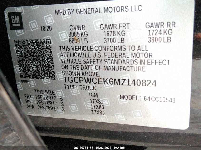 VIN 1GCPWCEK6MZ140824 2021 CHEVROLET SILVERADO 1500 LT