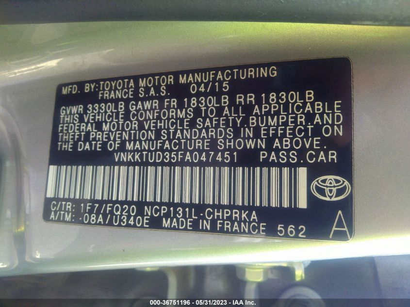 2015 TOYOTA YARIS L/SE/LE - VNKKTUD35FA047451