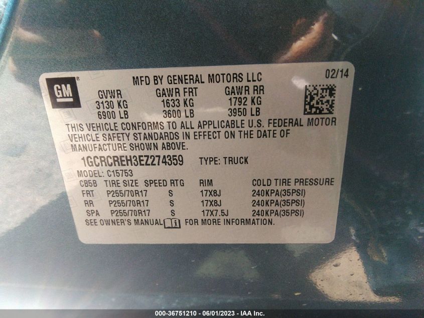 2014 CHEVROLET SILVERADO 1500 LT - 1GCRCREH3EZ274359