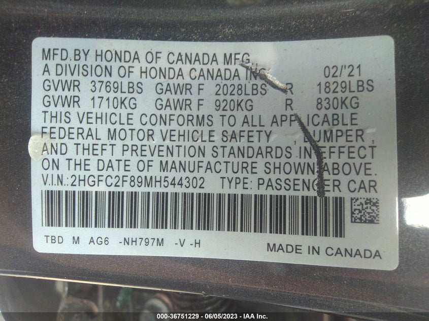 VIN 2HGFC2F89MH544302 2021 HONDA CIVIC SEDAN SPORT