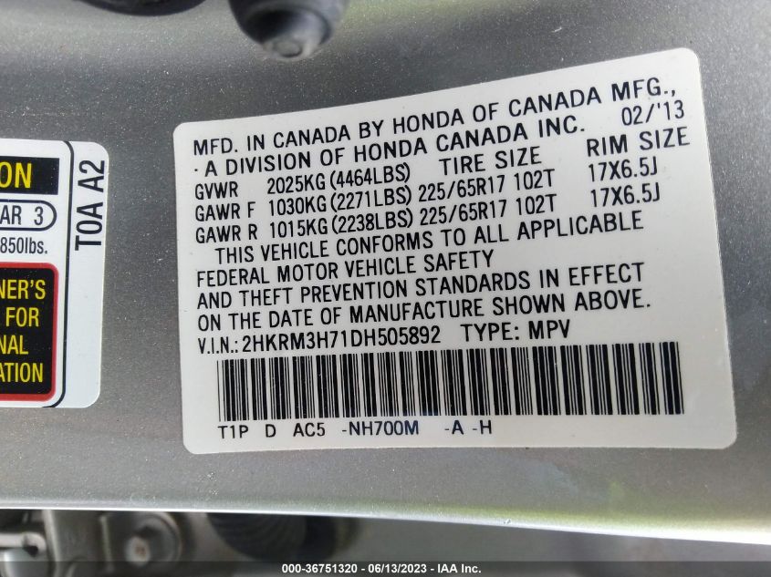 2013 HONDA CR-V EX-L - 2HKRM3H71DH505892