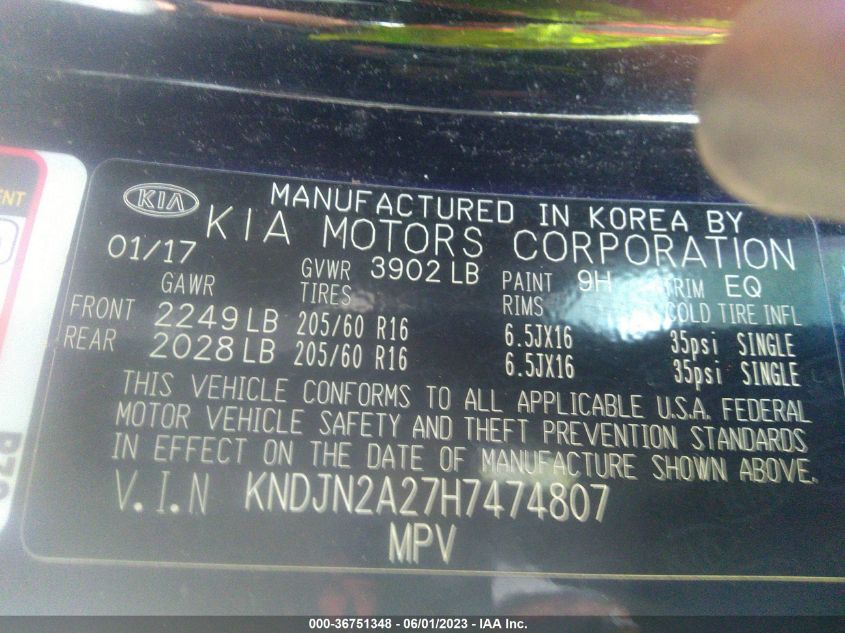 2017 KIA SOUL BASE - KNDJN2A27H7474807
