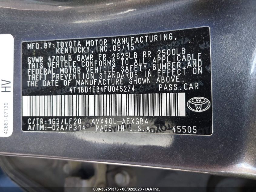2015 TOYOTA AVALON HYBRID XLE TOURING/LIMITED 4T1BD1EB4FU045274