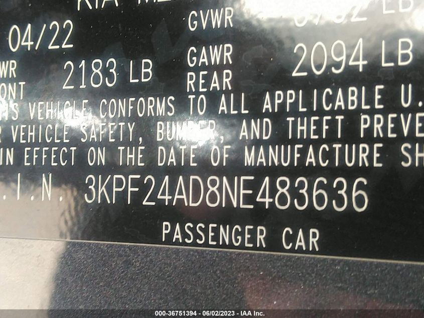 2022 KIA FORTE LXS - 3KPF24AD8NE483636