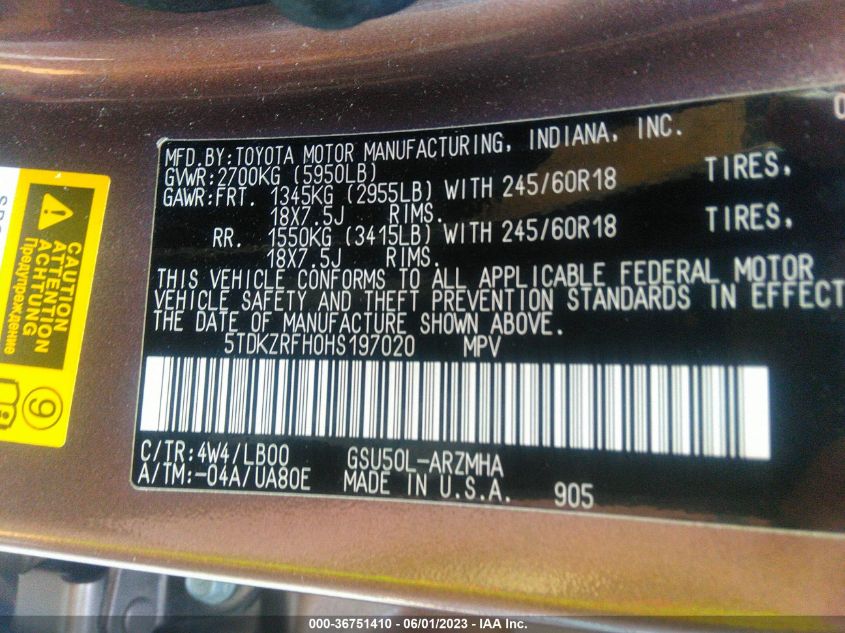 2017 TOYOTA HIGHLANDER XLE/SE - 5TDKZRFH0HS197020
