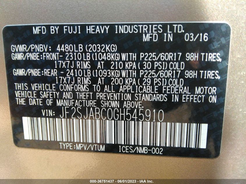 2016 SUBARU FORESTER 2.5I - JF2SJABC0GH545910