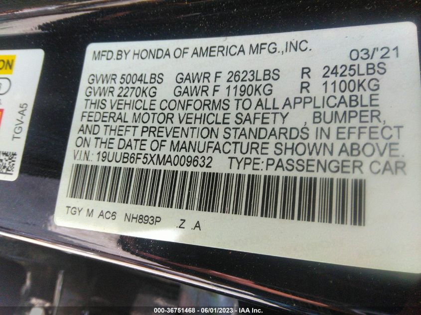 2021 ACURA TLX W/A-SPEC PACKAGE - 19UUB6F5XMA009632