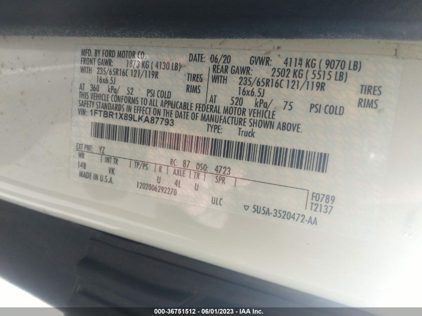 2020 FORD TRANSIT CARGO VAN - 1FTBR1X89LKA87793