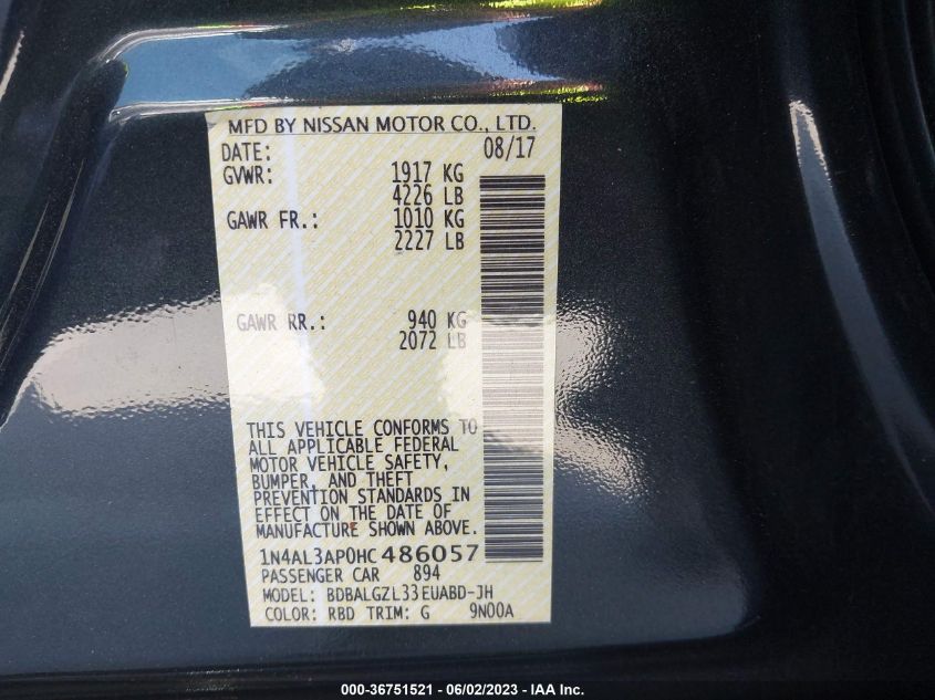 2017 NISSAN ALTIMA 2.5 S - 1N4AL3AP0HC486057
