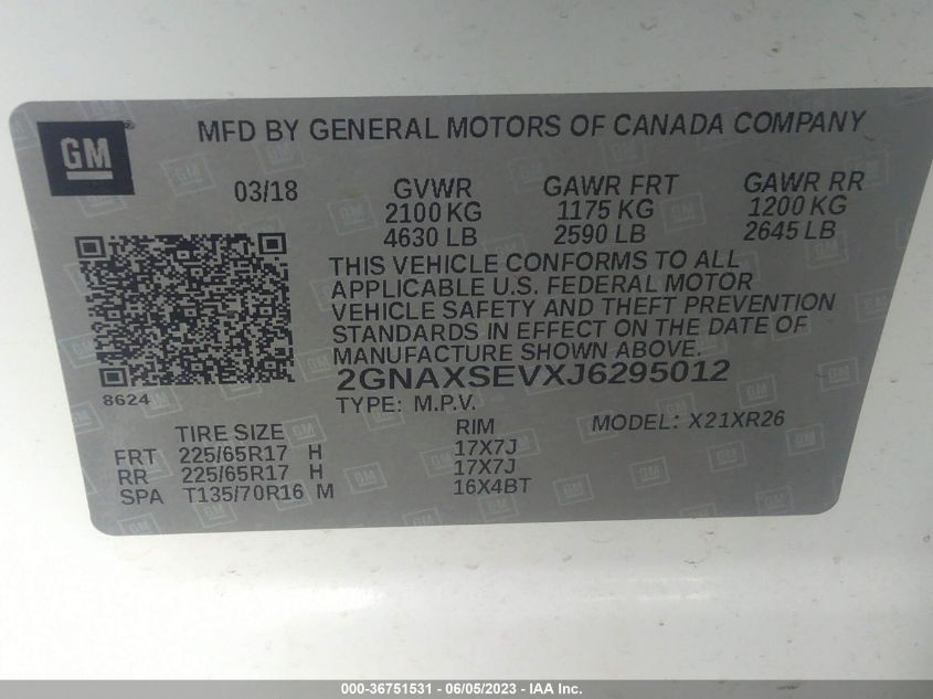 2018 CHEVROLET EQUINOX LT - 2GNAXSEVXJ6295012