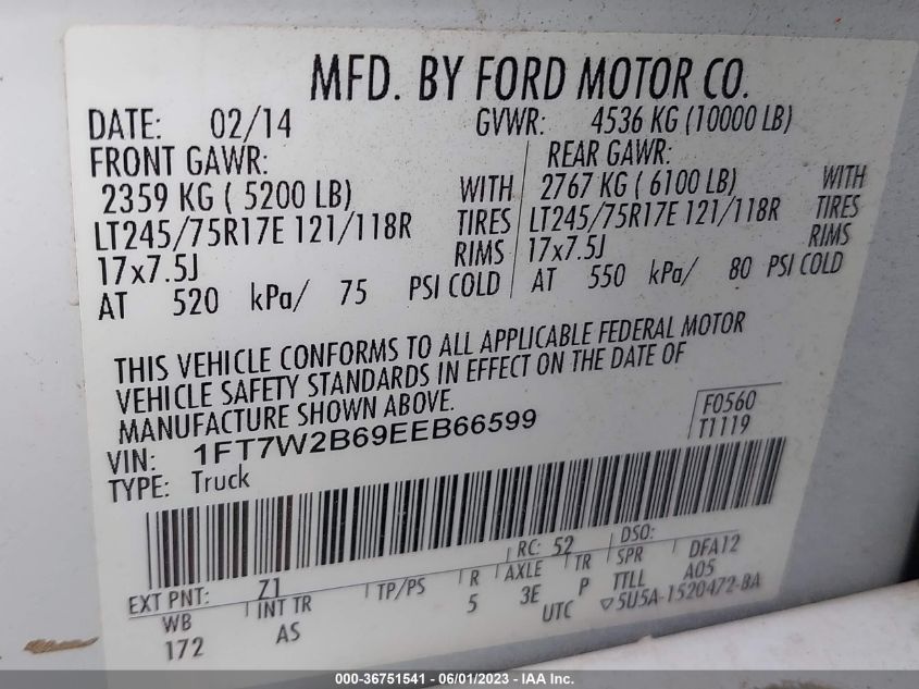 2014 FORD SUPER DUTY F-250 SRW XL/XLT/LARIAT - 1FT7W2B69EEB66599