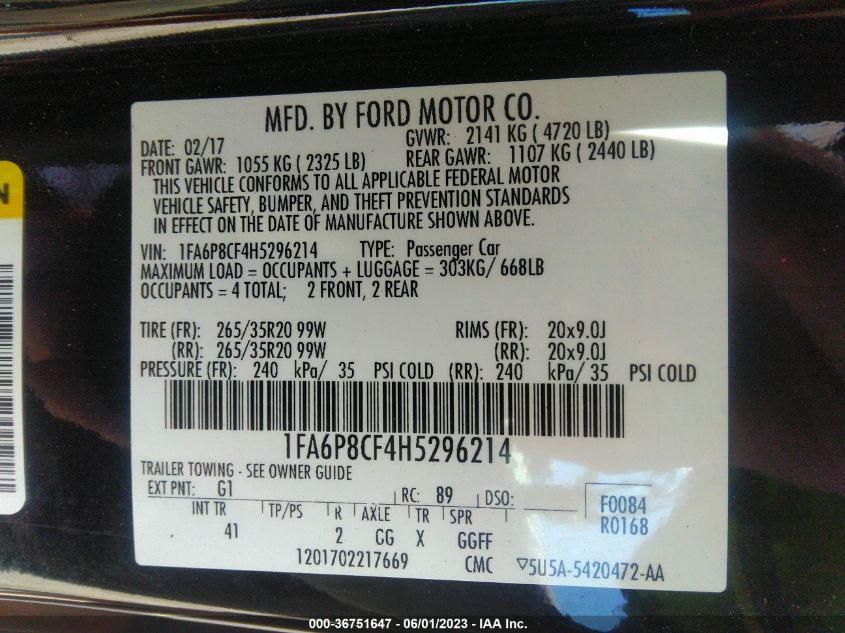 2017 FORD MUSTANG GT - 1FA6P8CF4H5296214