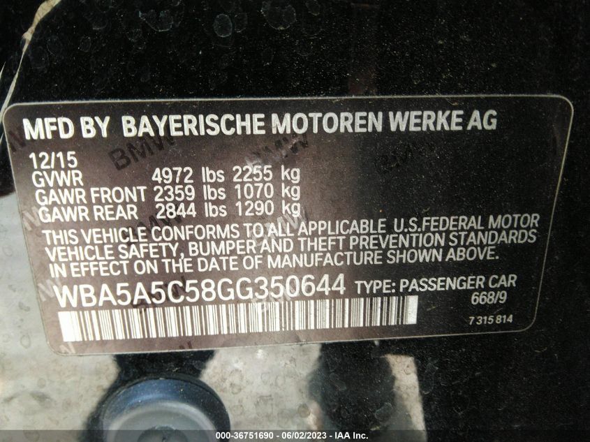 2016 BMW 5 SERIES 528I - WBA5A5C58GG350644