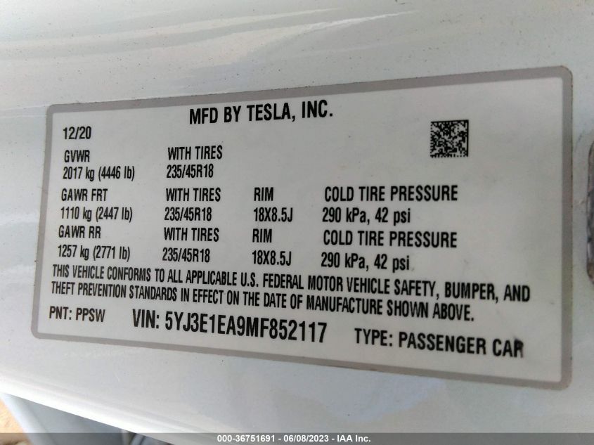 2021 TESLA MODEL 3 STANDARD RANGE PLUS - 5YJ3E1EA9MF852117