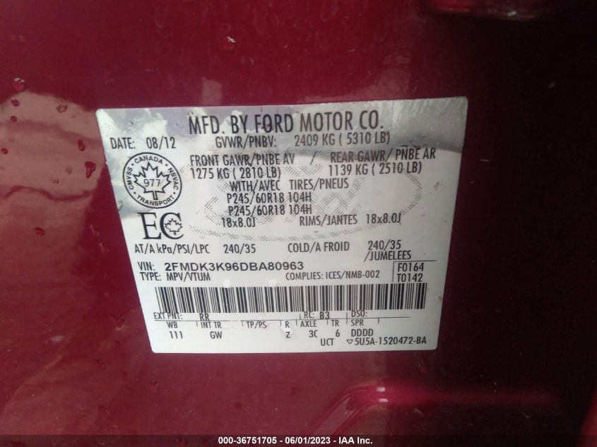 2013 FORD EDGE LIMITED - 2FMDK3K96DBA80963