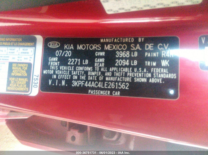 VIN 3KPF44AC4LE261562 2020 KIA FORTE GT