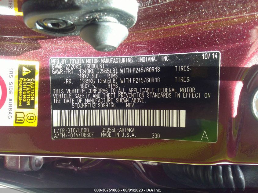 2015 TOYOTA HIGHLANDER XLE - 5TDJKRFH2FS099166
