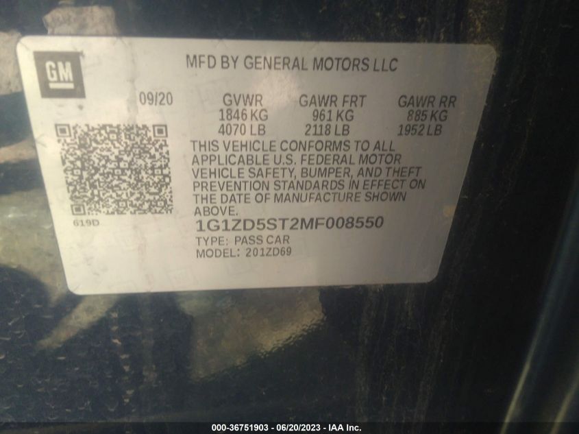 2021 CHEVROLET MALIBU LT - 1G1ZD5ST2MF008550