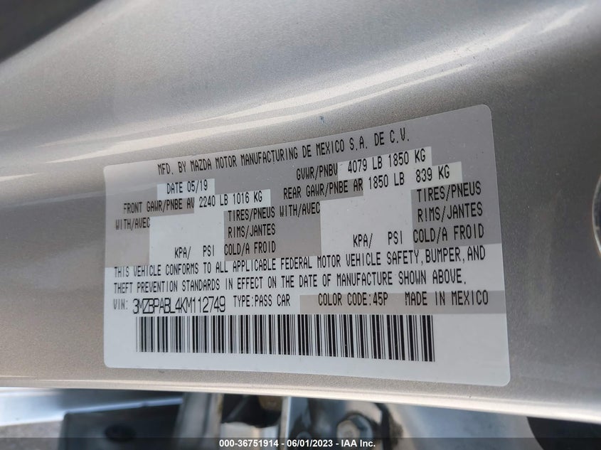 VIN 3MZBPABL4KM112749 2019 MAZDA MAZDA3 SEDAN