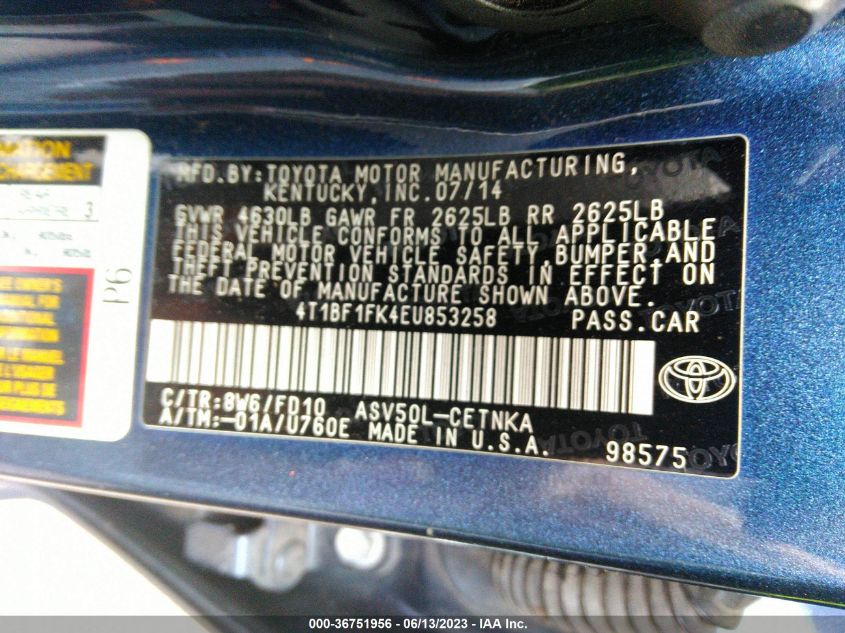 2014 TOYOTA CAMRY L/LE/XLE/SE/SE SPORT - 4T1BF1FK4EU853258