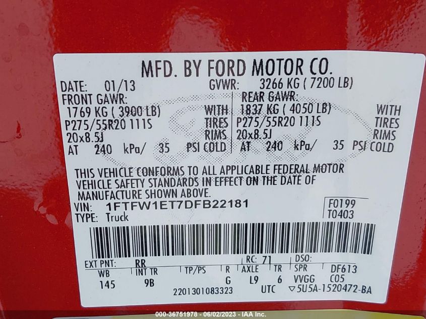 2013 FORD F-150 XL/XLT/FX4/LARIAT - 1FTFW1ET7DFB22181