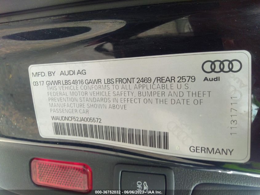 2018 AUDI A5 SPORTBACK PREMIUM - WAUDNCF52JA005572