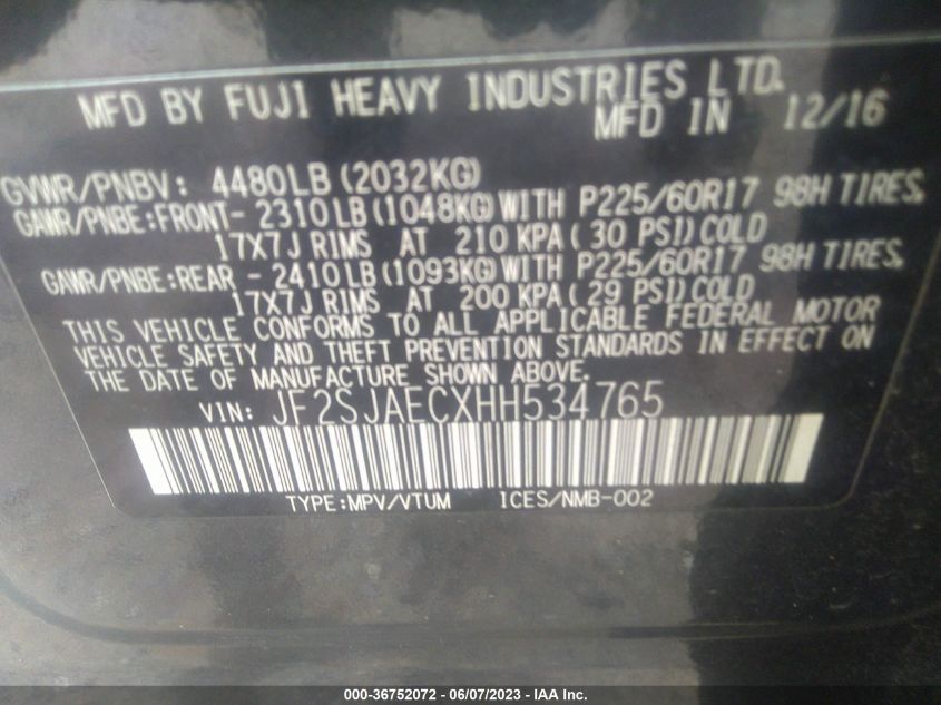 2017 SUBARU FORESTER PREMIUM - JF2SJAECXHH534765
