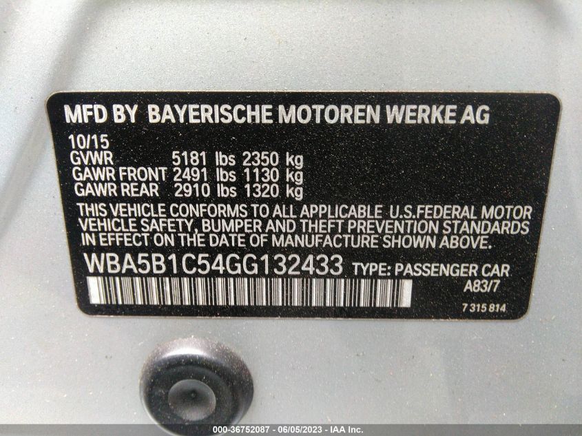 2016 BMW 5 SERIES 535I - WBA5B1C54GG132433