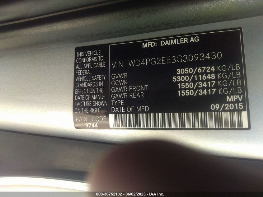 2016 MERCEDES-BENZ METRIS PASSENGER VAN WD4PG2EE3G3093430