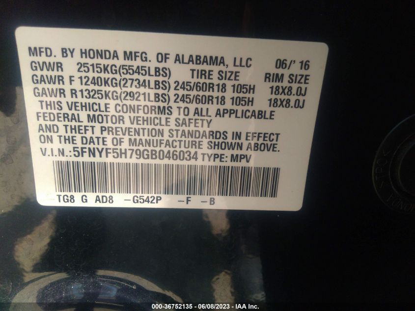 2016 HONDA PILOT EX-L - 5FNYF5H79GB046034