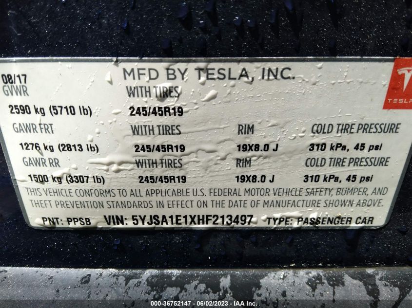 2017 TESLA MODEL S 60/75 - 5YJSA1E1XHF213497