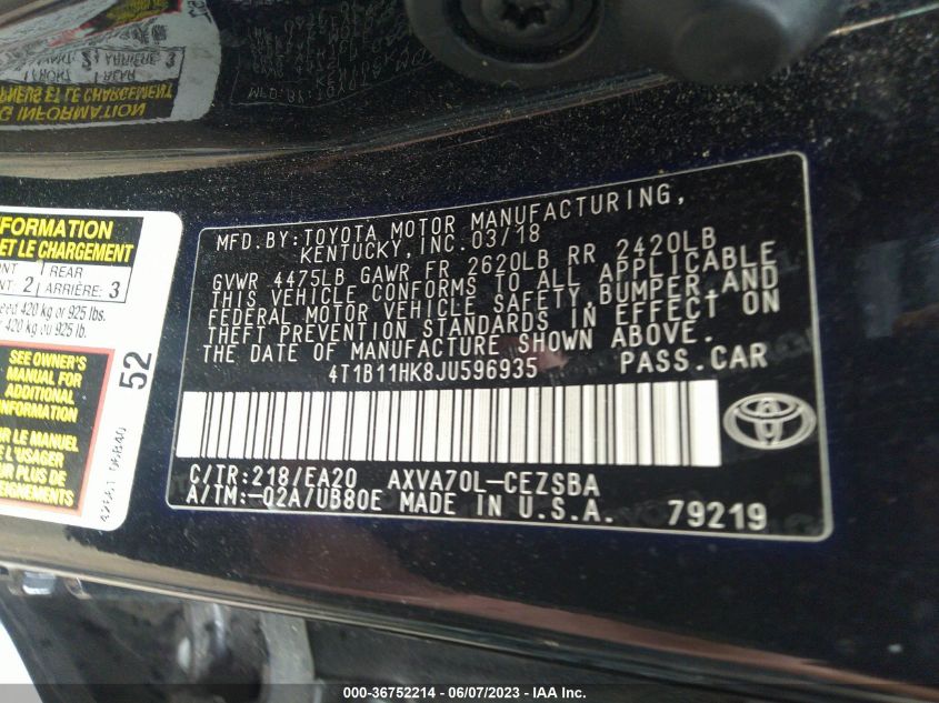 2018 TOYOTA CAMRY LE/SE/XLE/L - 4T1B11HK8JU596935