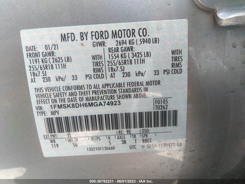 VIN 1FMSK8DH6MGA74923 2021 FORD EXPLORER XLT