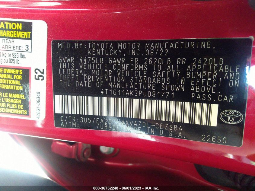 2023 TOYOTA CAMRY SE/SE NIGHTSHADE - 4T1G11AK3PU081771