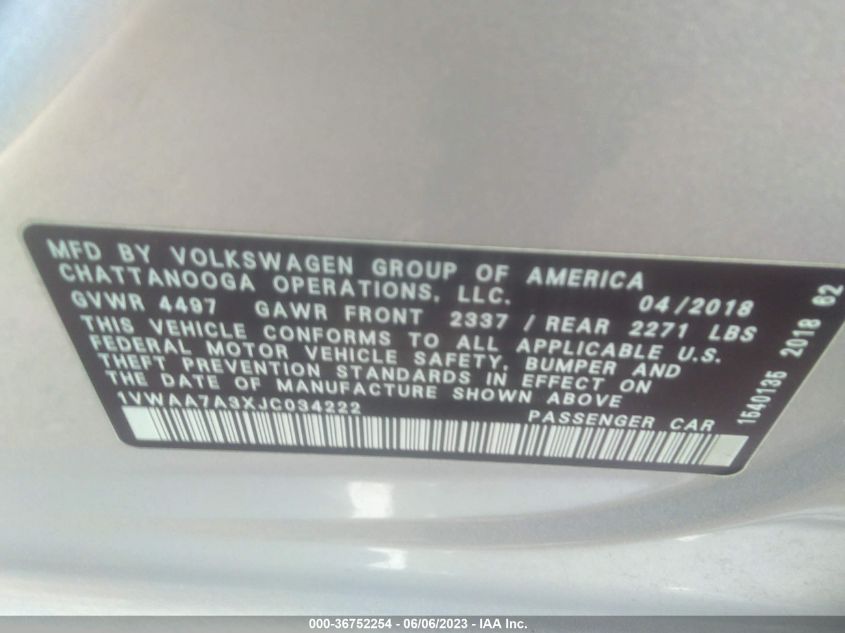 2018 VOLKSWAGEN PASSAT 2.0T S/R-LINE - 1VWAA7A3XJC034222