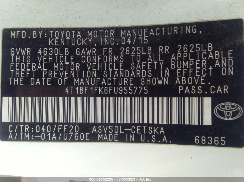 2015 TOYOTA CAMRY LE/XLE/SE/XSE - 4T1BF1FK6FU955775