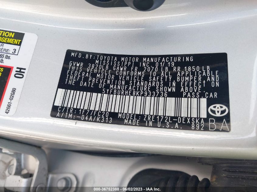 2019 TOYOTA COROLLA L/LE/SE/XLE/XSE - 5YFBURHE8KP933736
