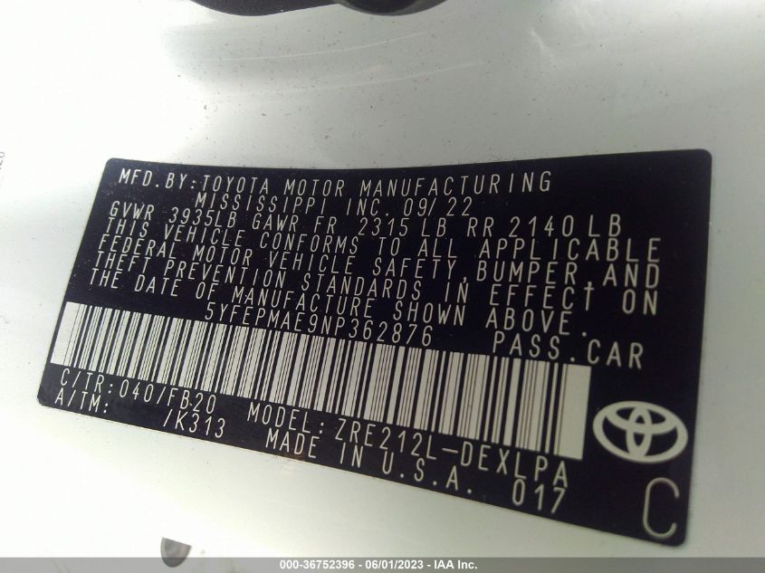 2022 TOYOTA COROLLA LE - 5YFEPMAE9NP362876