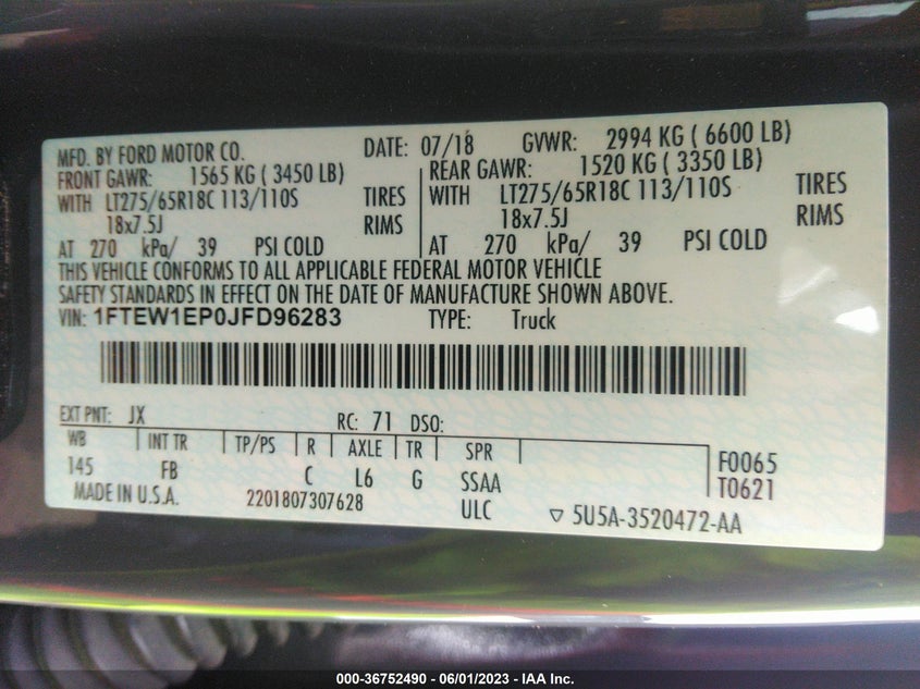VIN 1FTEW1EP0JFD96283 2018 FORD F-150 XL/XLT/LARIAT