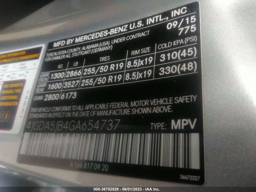 2016 MERCEDES-BENZ GLE GLE 350 - 4JGDA5JB4GA654737