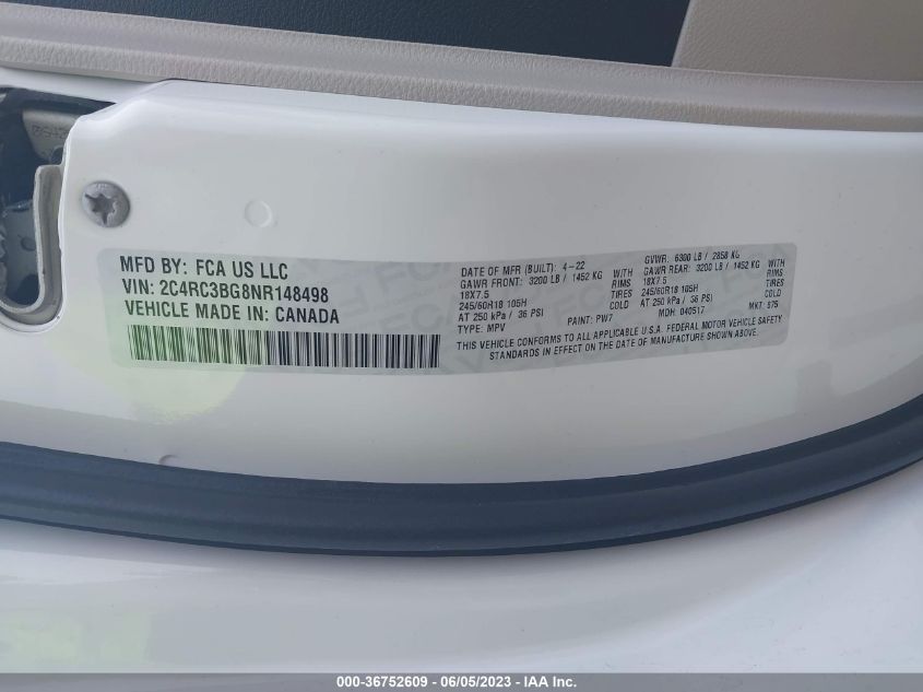 2022 CHRYSLER PACIFICA TOURING L - 2C4RC3BG8NR148498