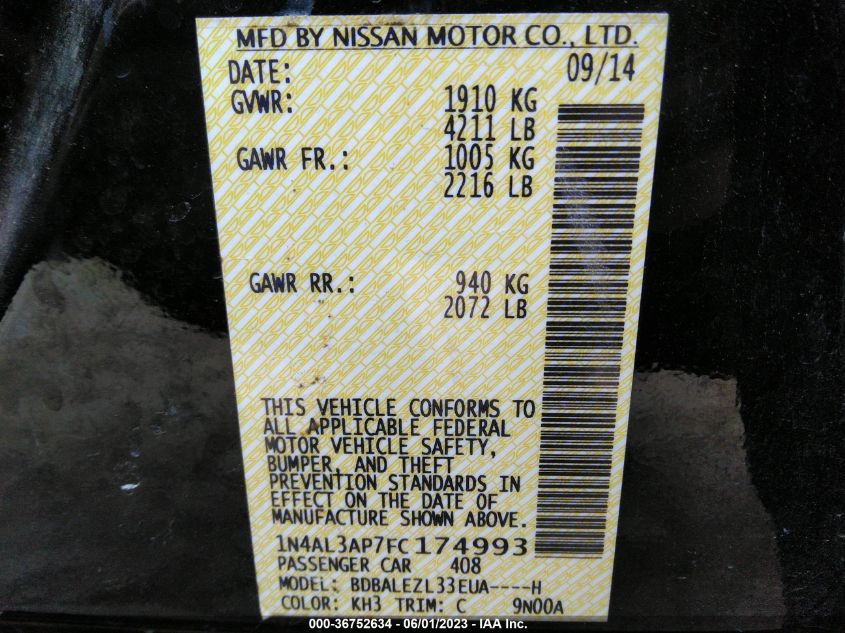 2015 NISSAN ALTIMA 2.5 S 1N4AL3AP7FC174993