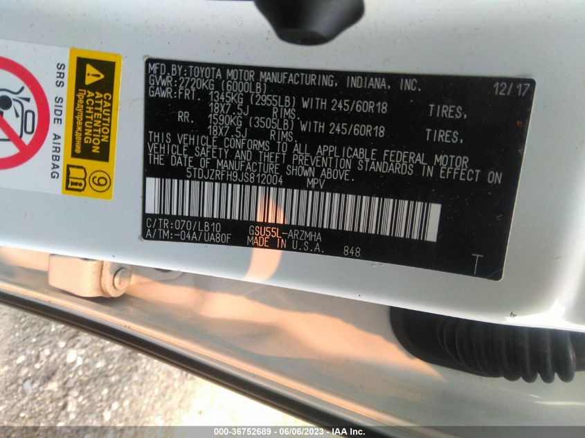 2018 TOYOTA HIGHLANDER SE/XLE - 5TDJZRFH9JS812004