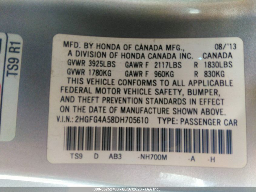 2013 HONDA CIVIC CPE SI 2HGFG4A58DH705610