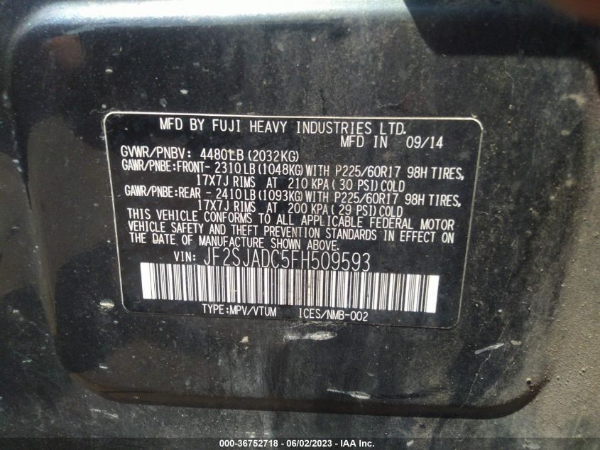 2015 SUBARU FORESTER 2.5I PREMIUM - JF2SJADC5FH509593