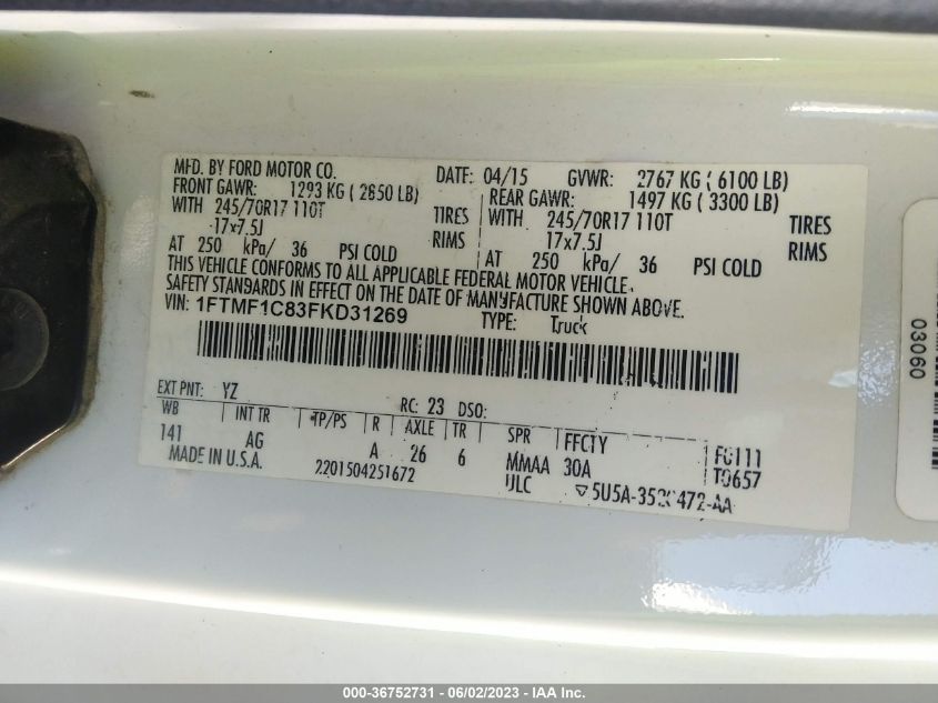 2015 FORD F-150 XL/XLT - 1FTMF1C83FKD31269