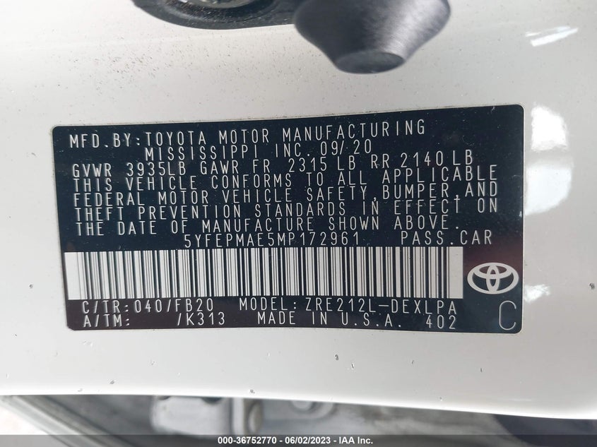 VIN 5YFEPMAE5MP172961 2021 TOYOTA COROLLA LE