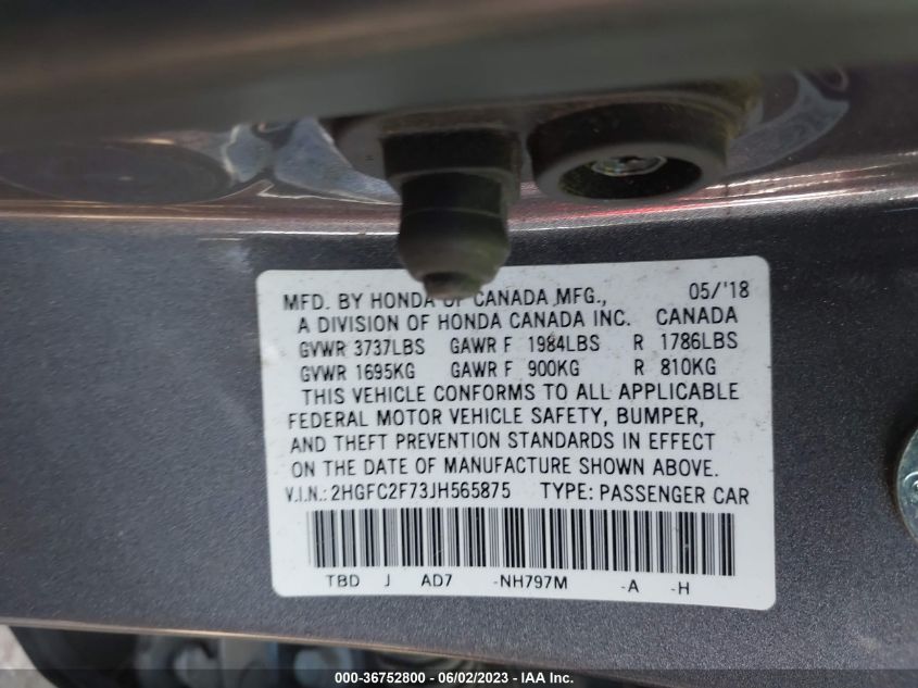 2018 HONDA CIVIC SEDAN EX - 2HGFC2F73JH565875