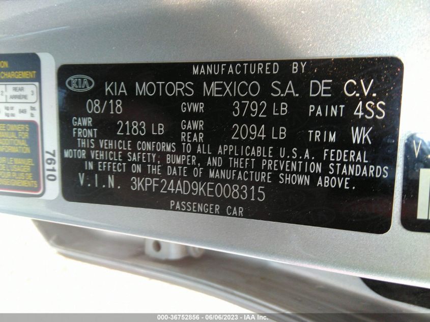 2019 KIA FORTE LXS - 3KPF24AD9KE008315