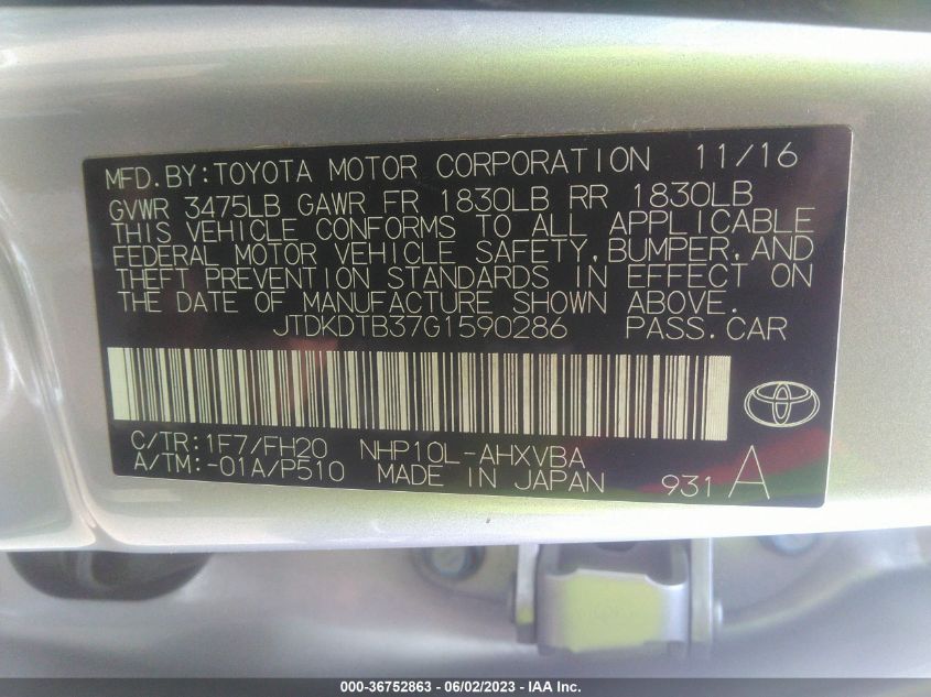 2016 TOYOTA PRIUS C ONE/TWO/THREE/FOUR - JTDKDTB37G1590286